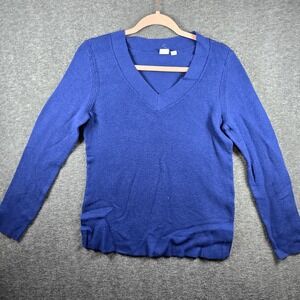 GAP Women M Bright Cobalt Blue V Neck Pullover Sweater Waffle Pattern‎ Bella V